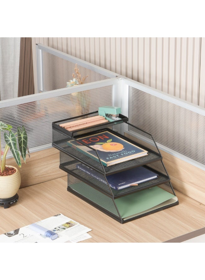 A4 Stackable Metal Mesh Desk Organizer with 3 File Trays, Pen Holder, and Accessory Tray, Black - Image 5