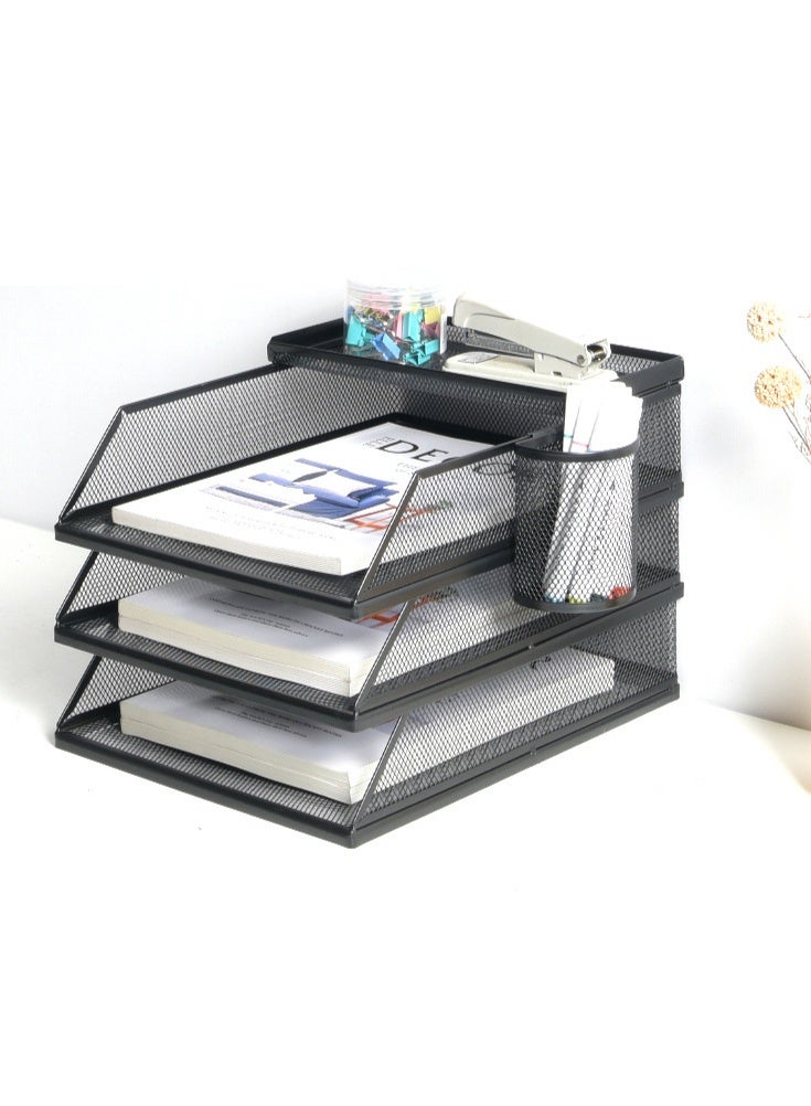 A4 Stackable Metal Mesh Desk Organizer with 3 File Trays, Pen Holder, and Accessory Tray, Black - Image 1