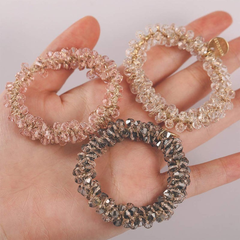 Brinie Hair Ties White Elastic Hair Scrunchies Crystal Hair Bands Bead Ponytail Holders Hair Accessories for Women and Girls (Pack of 3) - Image 1
