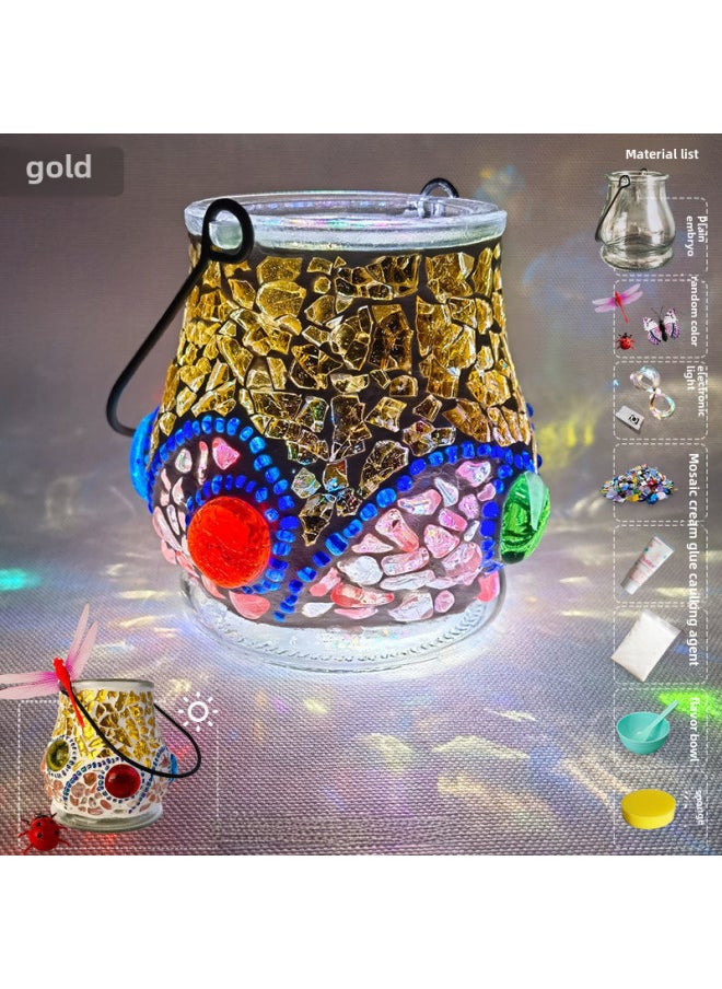 Glass Mosaic Candle Holder Diy Material Bag Mother's Day Lamp Handmade Parent-child Educational Toy Crystal Luminous Gift-Color:Gold Material Bag  - Image 1