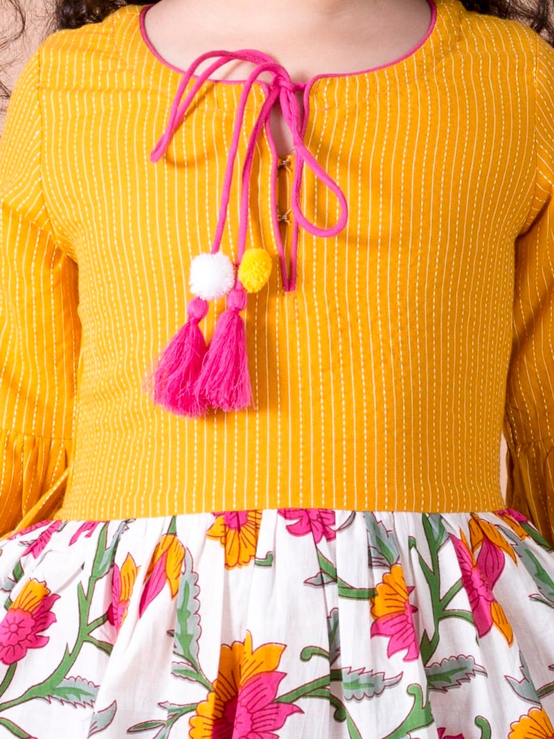 Pspeaches Yellow White Floral Tie-Up Neck Cotton Dress (Yellow-3-4Y) - Image 2