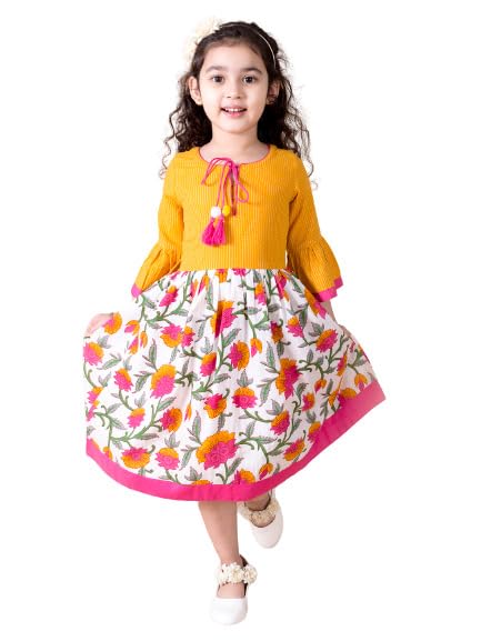 Pspeaches Yellow White Floral Tie-Up Neck Cotton Dress (Yellow-3-4Y) - Image 4
