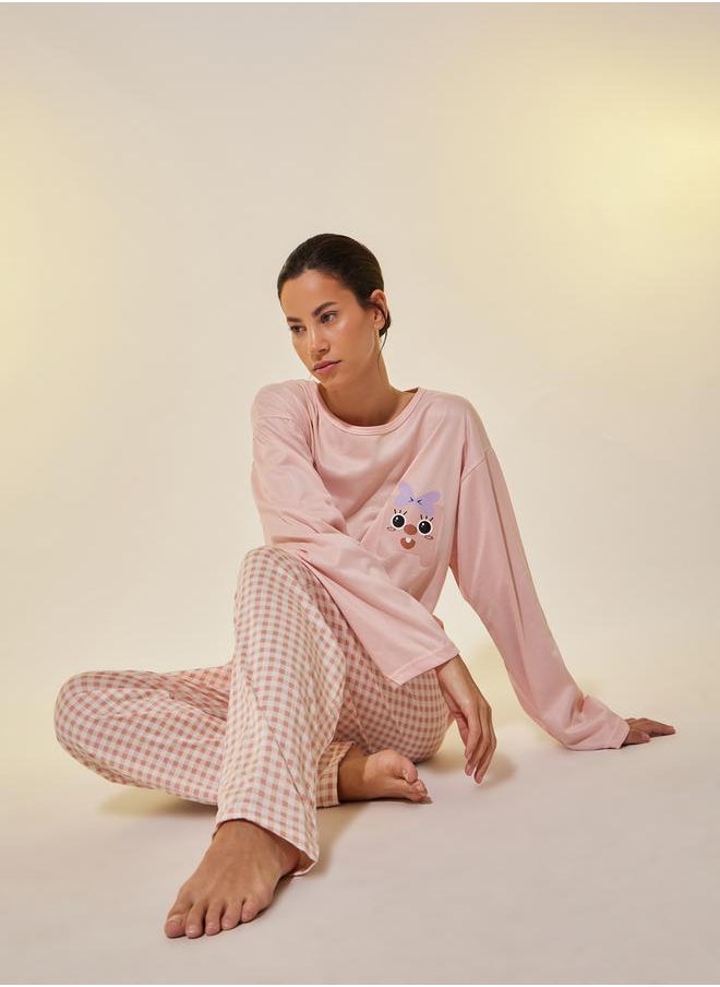 Take Two Graphic Print T-Shirt and Checked Pyjama Set  - Image 1