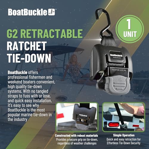 BoatBuckle G2 Boat Transom Tie-Down Straps to Trailer (2x43-Inch, 2,500lbs Break Strength) Bolt on Retractable Ratchet Straps, 1-Count - Image 2