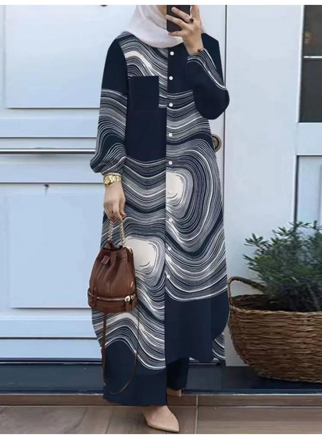 VUELO Spot Muslim Temperament Collage Cardigan Long Sleeve Lapel Cross Border Women's Shirt Pants Set - Image 1