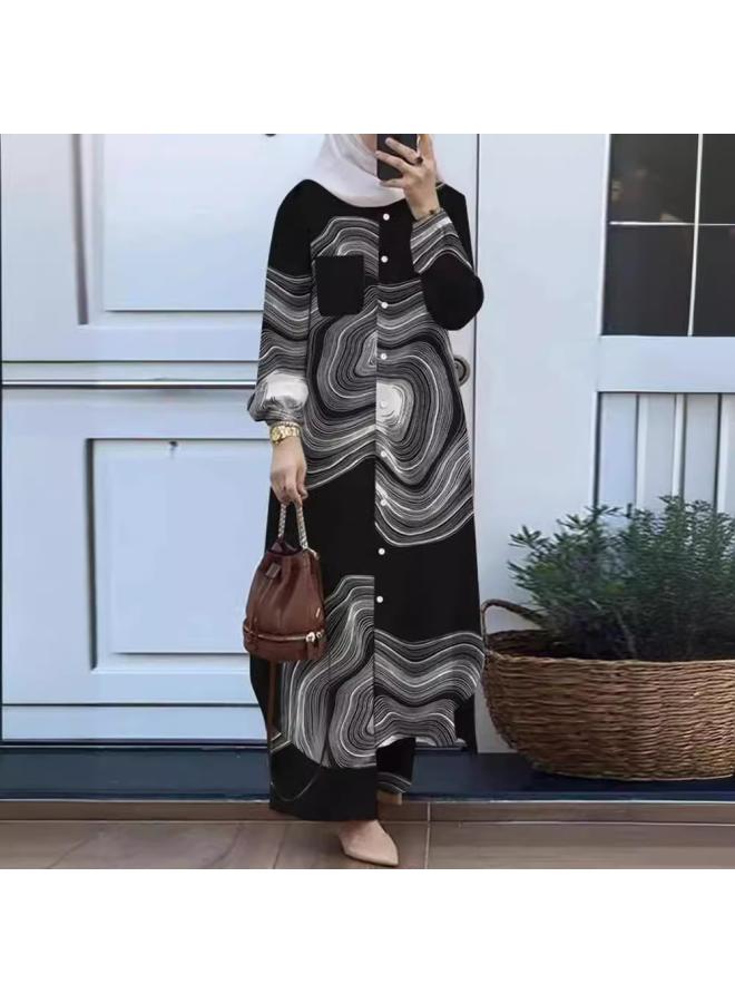 VUELO Spot Muslim Temperament Collage Cardigan Long Sleeve Lapel Cross Border Women's Shirt Pants Set - Image 2