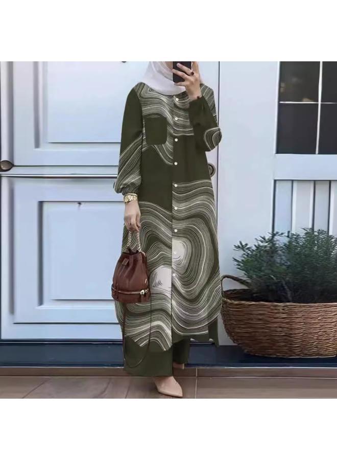 VUELO Spot Muslim Temperament Collage Cardigan Long Sleeve Lapel Cross Border Women's Shirt Pants Set - Image 3