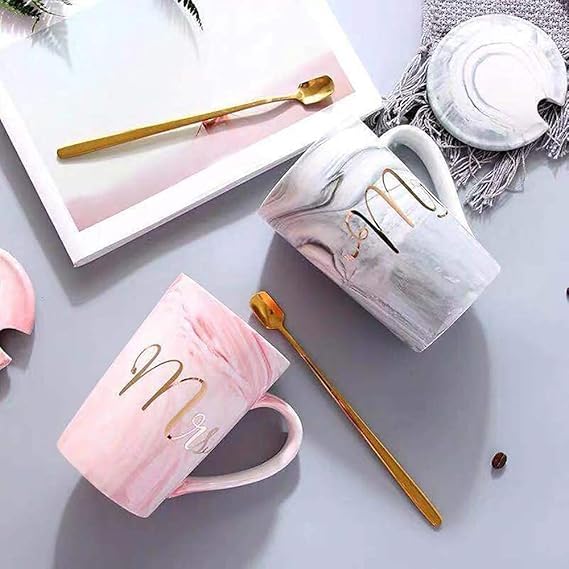 KETOVED Coffee Mug with Lid and Spoon 400ml Ceramic Marble Finish MRS Couples Gift for Anniversary Wedding Birthday Engagement Valentine Gifts for Couple MRS Mug with Lid - Image 4
