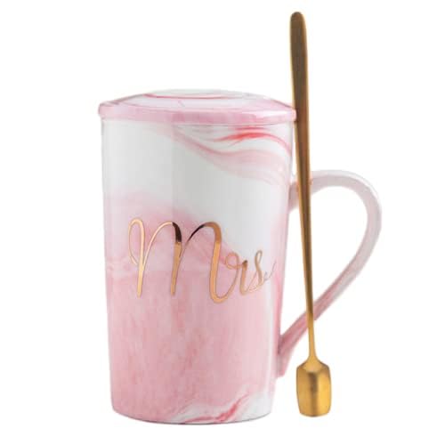 KETOVED Coffee Mug with Lid and Spoon 400ml Ceramic Marble Finish MRS Couples Gift for Anniversary Wedding Birthday Engagement Valentine Gifts for Couple MRS Mug with Lid - Image 1