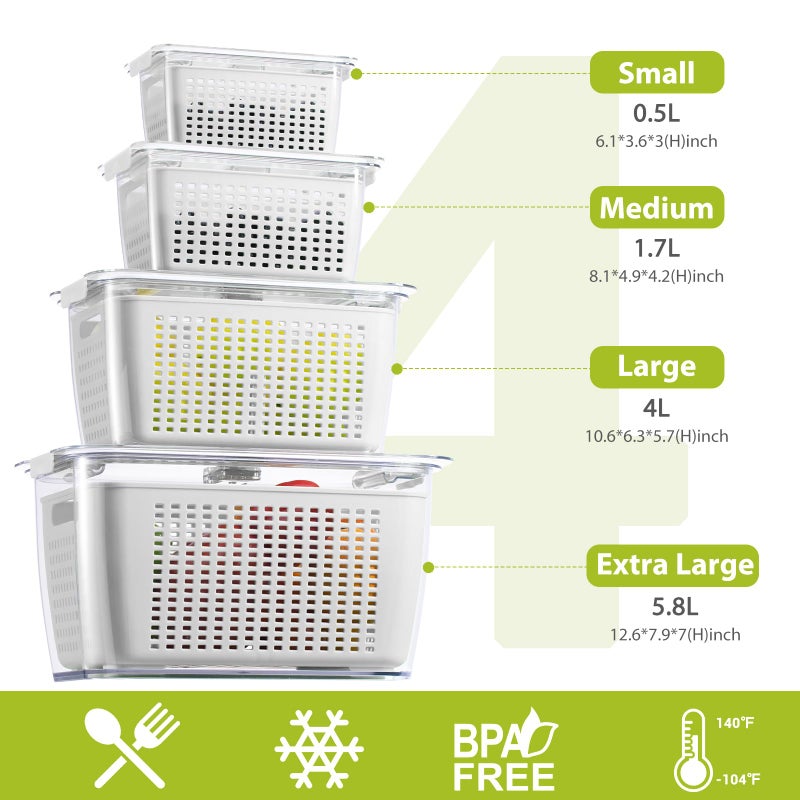 LUXEAR 4 Pack Fruit Vegetable Containers for Fridge  Produce Saver Container with Lids &Removable Colander BPA-free Refrigerator Storage Organizer for Fruit Vegetable  Berry  Meat keep Fresh Longer - Image 2
