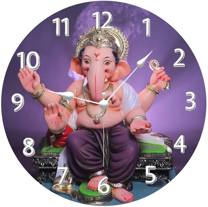 KARTIK ساعة حائط كارتك مصممة بطباعة اللورد غانيشا، ساعة حائط خشبية دائرية بدون زجاج لمنزلك/غرفة المعيشة/غرفة النوم/المطبخ والمكتب (متعددة الألوان، 11X11 بوصة) - Image 1