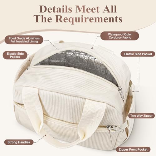 KUBYA Lunch Bag Lunch Box for Women, Cute Corduroy Insulated Reusable Work Leakproof Simple Adults Large Lunch Boxes Tote Bag Men Cooler Bag - Image 4