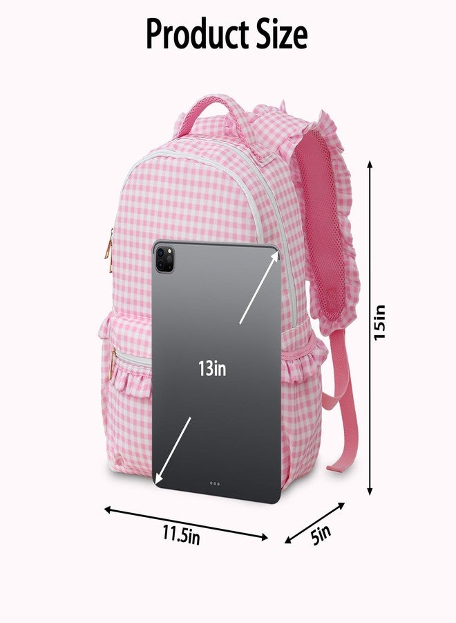 DYSHAYEN Kids Backpack for Girls, 15" Ruffled Backpack for School Kindergarten Bookbag 5-8, Fully Opened Compartment (Pink Gingham) - Image 5