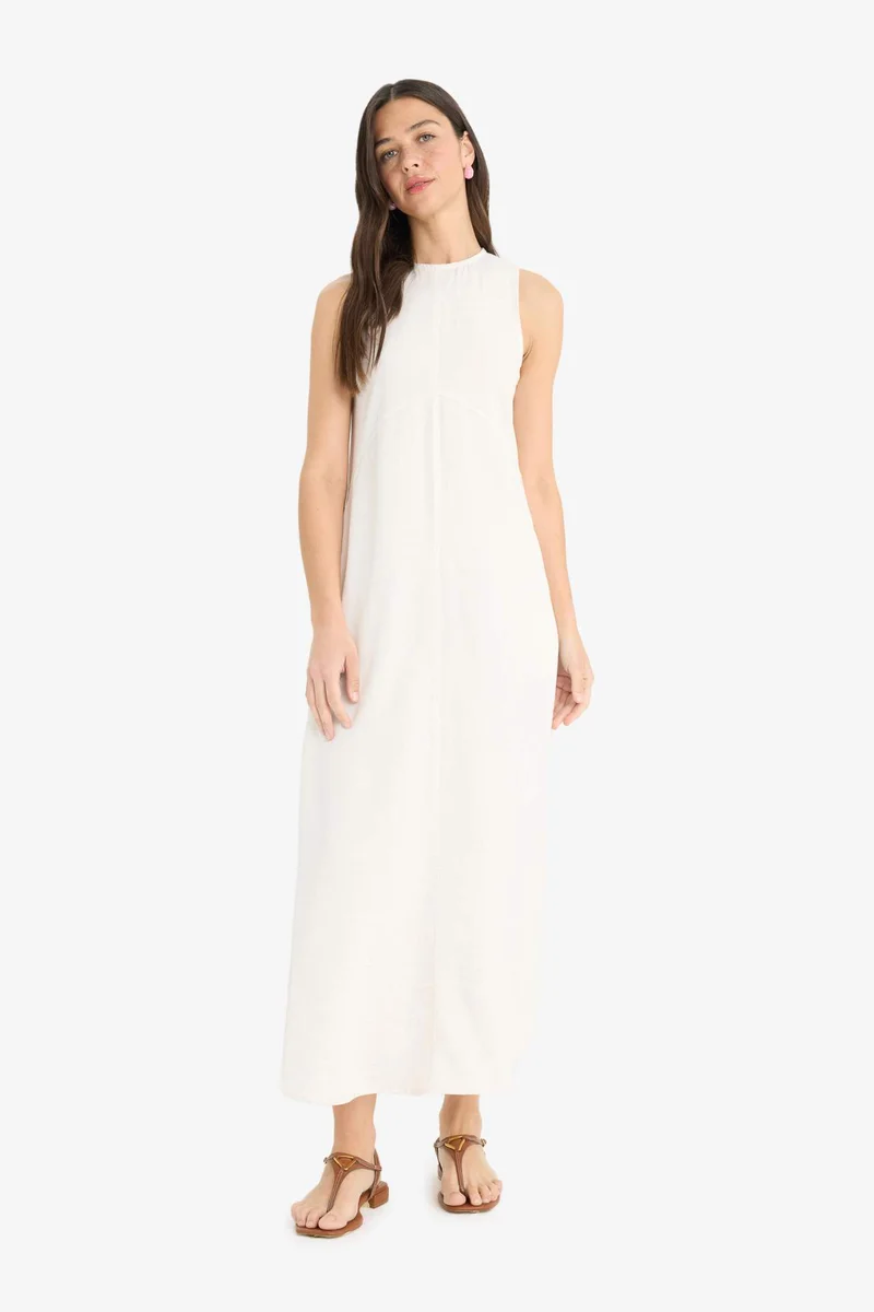 ديفاكتو Crew Neck Linen Blend Sleeveless Maxi Dress
