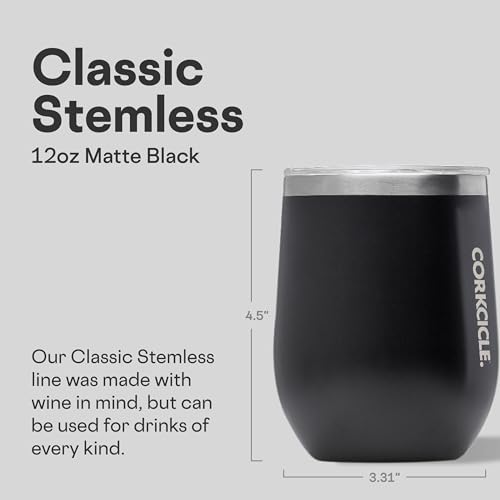 CORKCICLE كوب كوركسيكل بدون قاعدة - يحافظ على المشروبات باردة لمدة 6 ساعات - فولاذ مقاوم للصدأ مع عزل ثلاثي - قاعدة غير قابلة للانزلاق - هدية لمشروبات الصيف - يحافظ على المشروبات مثلجة - 12 أونصة - أسود غير لامع - Image 2