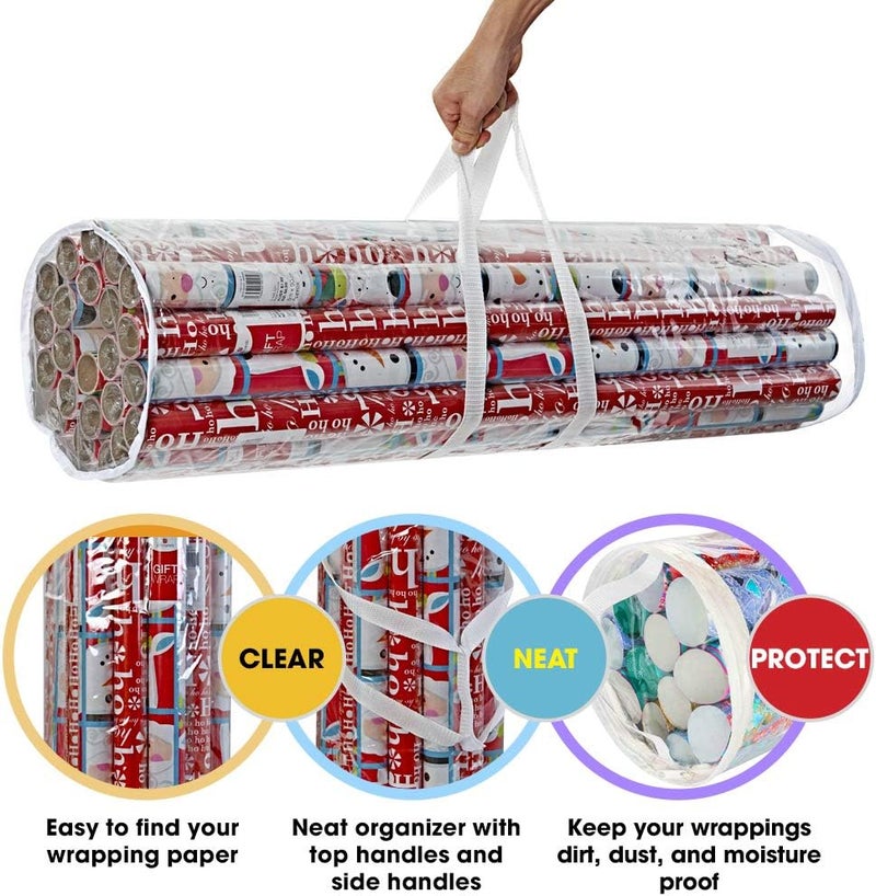 ProPik Christmas Gift Wrap Organizer Clear, Fits 24 Rolls of 40 Inch Long, Heavy Duty PVC Wrapping Paper Storage Bag with Handles and Zippered Top, Tote Clear Tube Container (White Trimming) - Image 2