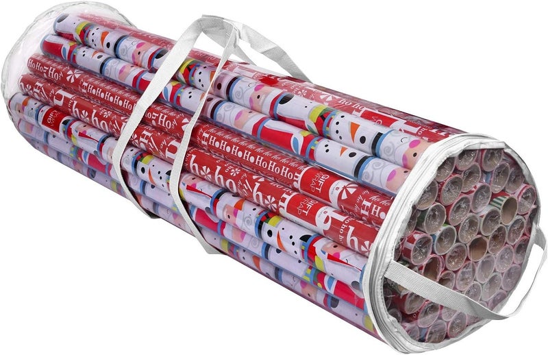 ProPik Christmas Gift Wrap Organizer Clear, Fits 24 Rolls of 40 Inch Long, Heavy Duty PVC Wrapping Paper Storage Bag with Handles and Zippered Top, Tote Clear Tube Container (White Trimming) - Image 1