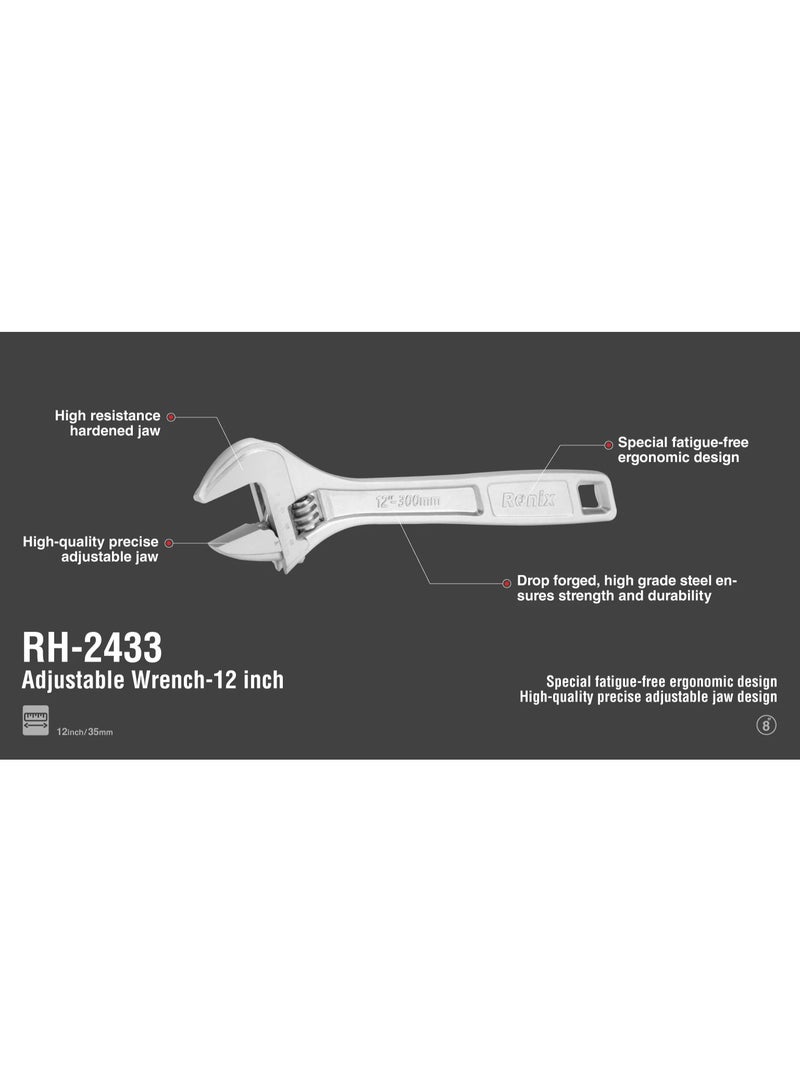 Ronix 12" Chrome Adjustable Wrench RH-2433, 35mm Opening 0.76kg, Precision Jaws Laser Scales, German Manufacturing #Ronix RH-2433 - Image 5