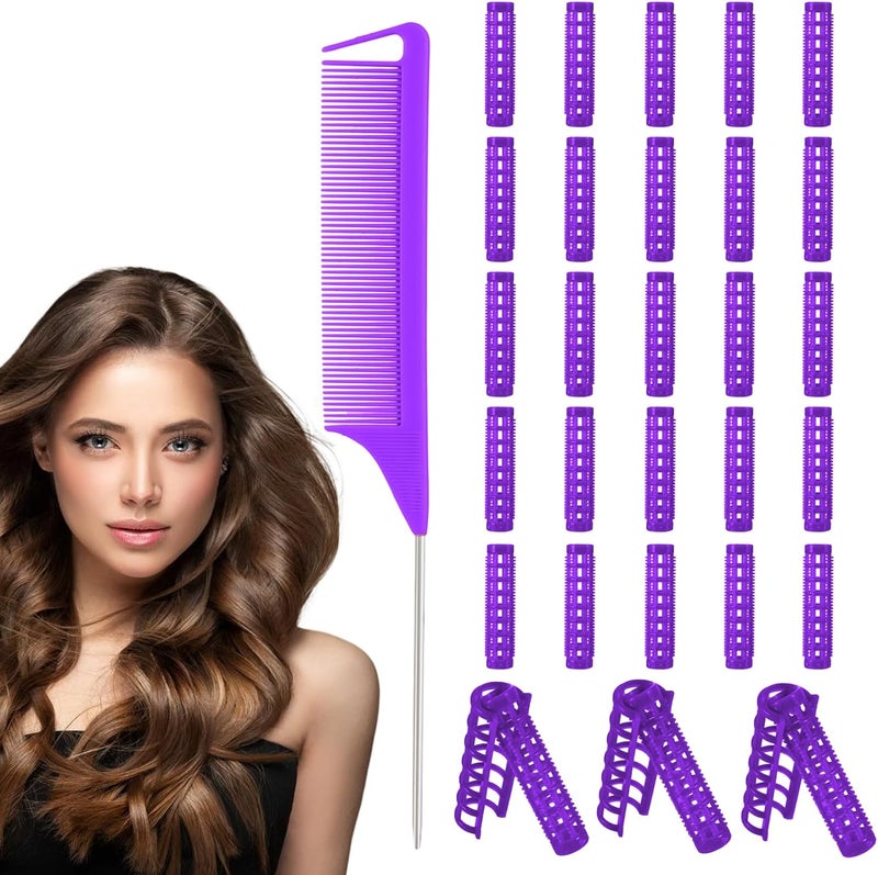 28 Pcs plastic Hair Rollers 15 CM Small Size Hair Rollers for Short Hairs with Steel Rattail Comb Heatless Snap on Roller for Hairs Short Thin Fine Hairstyling Tools Purple