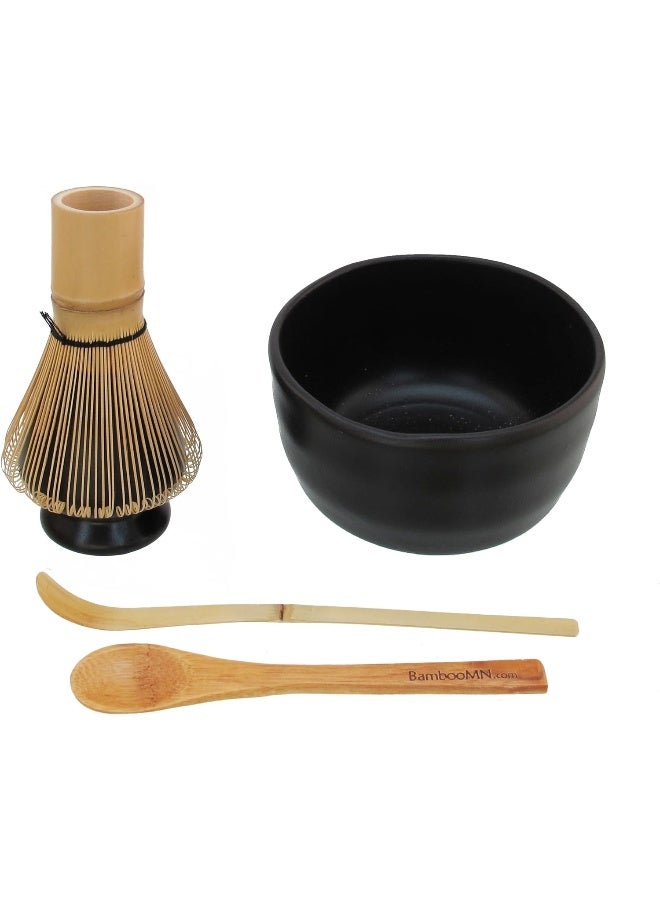 BambooMN Matcha Bowl Set Includes Bowl, Rest, Tea Whisk, Chasaku & Tea Spoon (Black) - Image 1