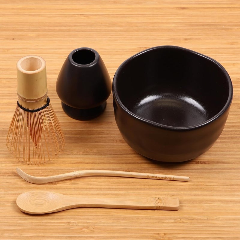 BambooMN Matcha Bowl Set Includes Bowl, Rest, Tea Whisk, Chasaku & Tea Spoon (Black) - Image 3
