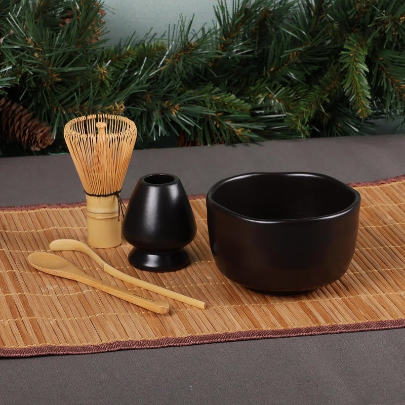BambooMN Matcha Bowl Set Includes Bowl, Rest, Tea Whisk, Chasaku & Tea Spoon (Black) - Image 2