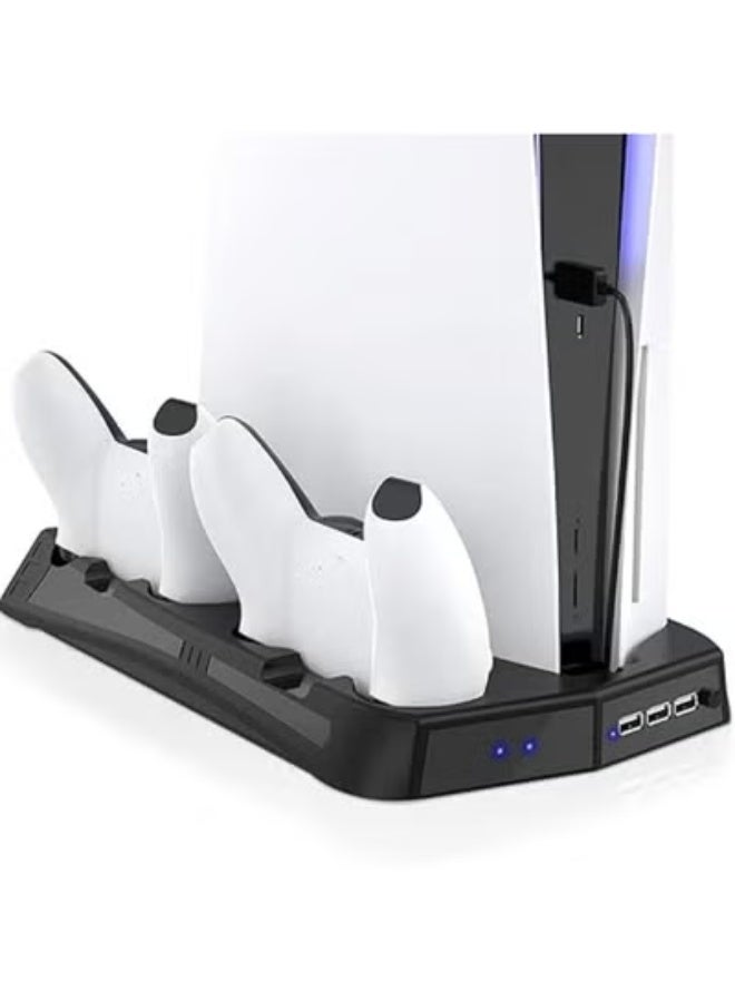 Vertical Stand with Cooling Base for PS5 – Charging Station for Dual Controllers, Suction Cooling Fan, 3 USB Ports, Metal Build - Image 1