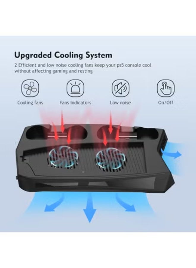 Vertical Stand with Cooling Base for PS5 – Charging Station for Dual Controllers, Suction Cooling Fan, 3 USB Ports, Metal Build - Image 2