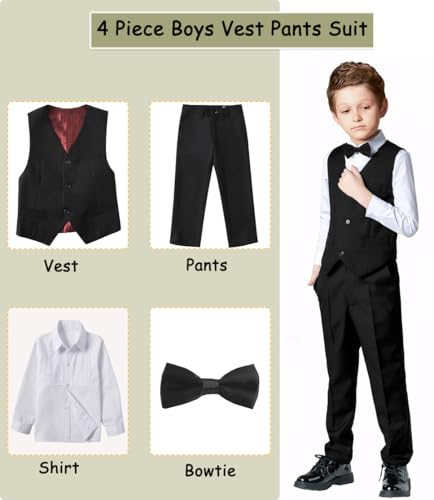 SaiLiiny Boys 4 Pieces Black Suits Slim Fit Outfits Vest Sets Formal Dresswear for Boy Suit Size 14 - Image 2