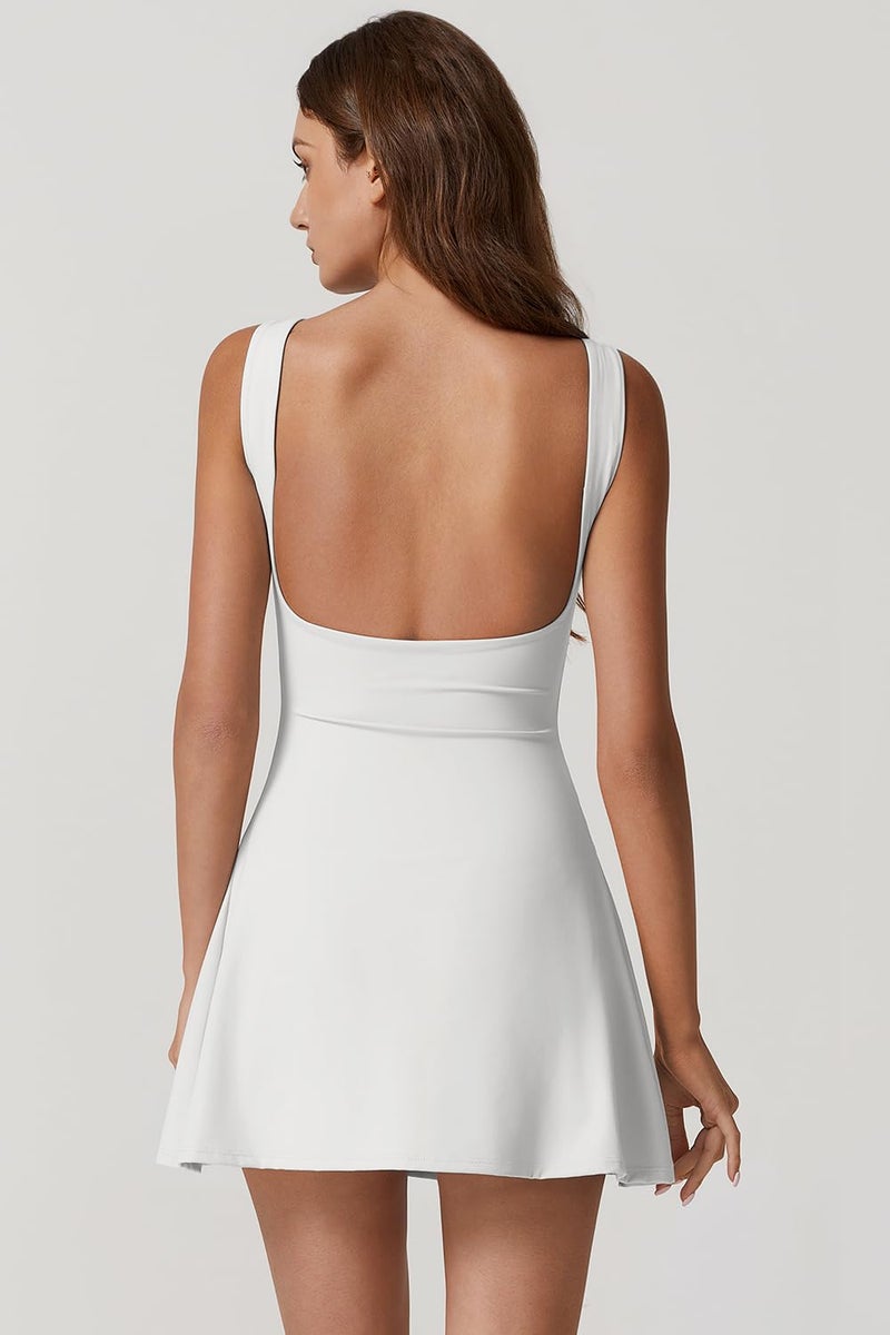 QINSEN Womens Workout Dress Boat Neck Open Back Golf Dress Exercise Active Dress Built in Shorts White S - Image 2