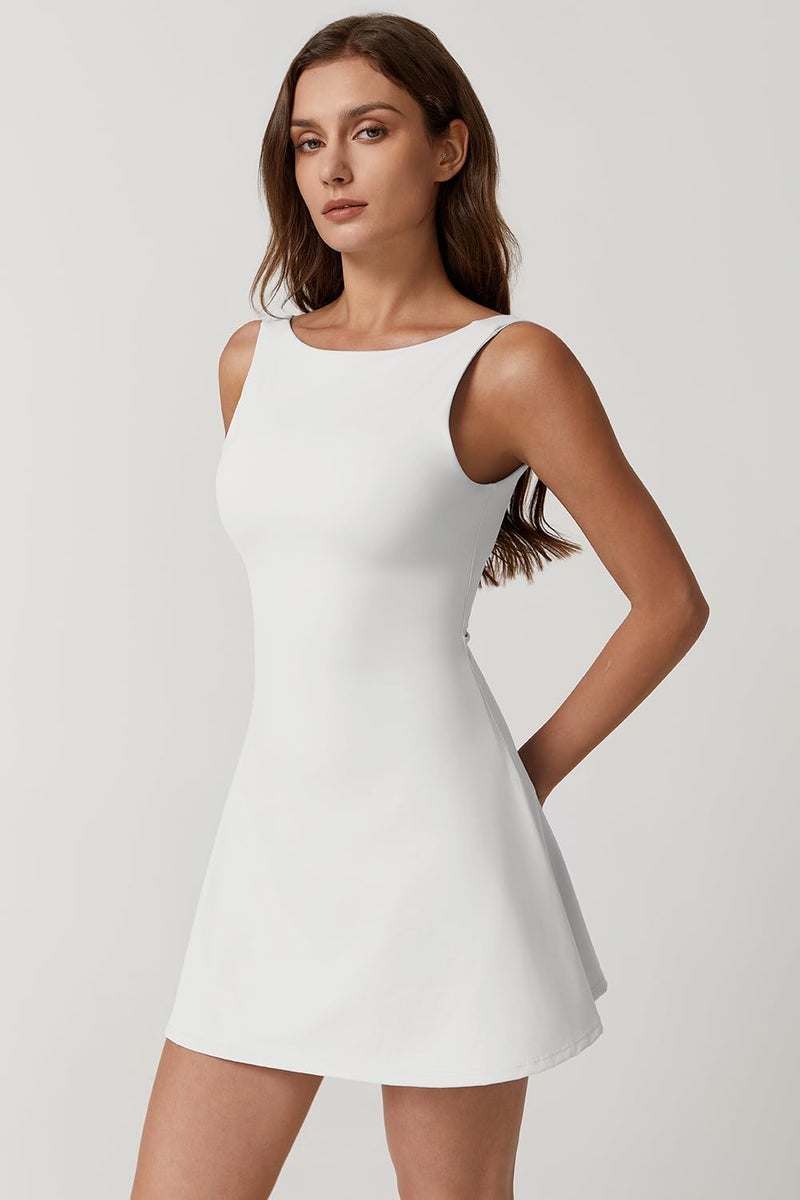 QINSEN Womens Workout Dress Boat Neck Open Back Golf Dress Exercise Active Dress Built in Shorts White S - Image 4