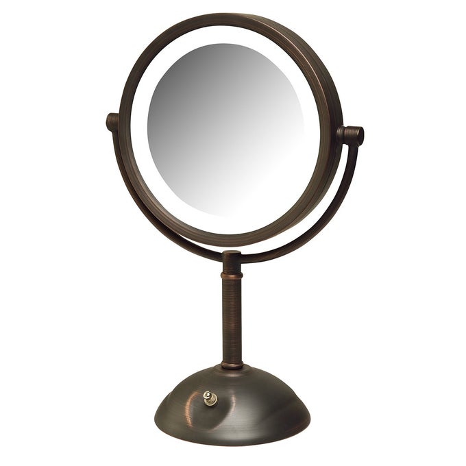 LED LIGHTED TABLETOP BRONZE FINISH MAKEUP MIRROR 8X1X MAGNIFICATION 85 DIAMETER VANITY MIRROR VARIABLE LIGHT SETTINGS POWER CORD AND PLUG MODEL HL8808BZL