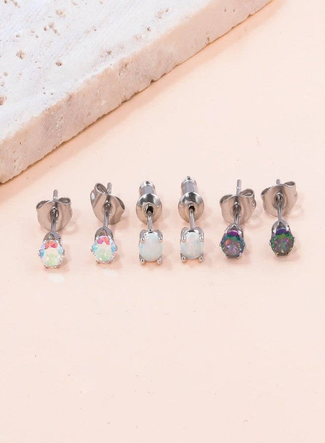 CiNily 3 Pairs Stud Earrings Set,14k White Gold Plated White Opal Studs Hypoallergenic Stainless Steel Rainbow Cubic Zircon Stud Earrings CZ Diamond Earrings for Women Men for Sensitive Ears - Image 4