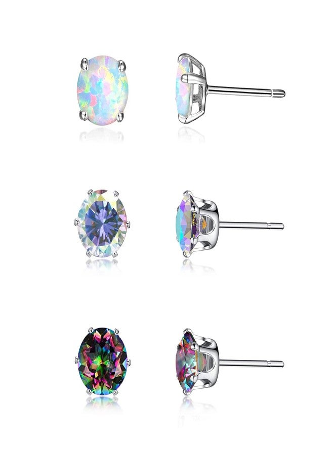 CiNily 3 Pairs Stud Earrings Set,14k White Gold Plated White Opal Studs Hypoallergenic Stainless Steel Rainbow Cubic Zircon Stud Earrings CZ Diamond Earrings for Women Men for Sensitive Ears - Image 1