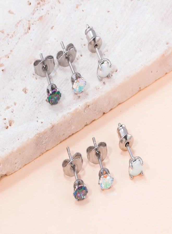 CiNily 3 Pairs Stud Earrings Set,14k White Gold Plated White Opal Studs Hypoallergenic Stainless Steel Rainbow Cubic Zircon Stud Earrings CZ Diamond Earrings for Women Men for Sensitive Ears - Image 3
