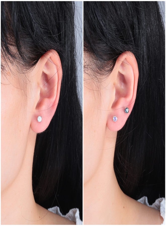 CiNily 3 Pairs Stud Earrings Set,14k White Gold Plated White Opal Studs Hypoallergenic Stainless Steel Rainbow Cubic Zircon Stud Earrings CZ Diamond Earrings for Women Men for Sensitive Ears - Image 2