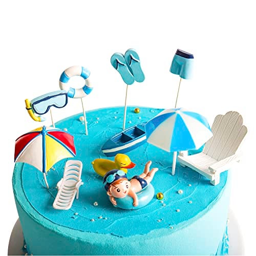 Simple polymer 11 Pcs Swimming Pool Cake Decoration Hawaiian Beach Chair Umbrella Cake Toppers for Summer Birthday Party Supplies Blue - Image 1