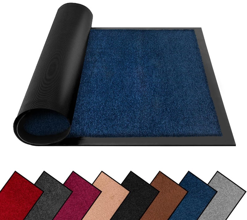 FB FunkyBuys Washable Dirt Trapper Door Mats Indoor  Outdoor Heavy Duty Non Slip Doormats Rubber Backed Floor Mat Super Absorbent Front Door Mat Entrance Rug Dark BluePlain 40cm x 60cm
