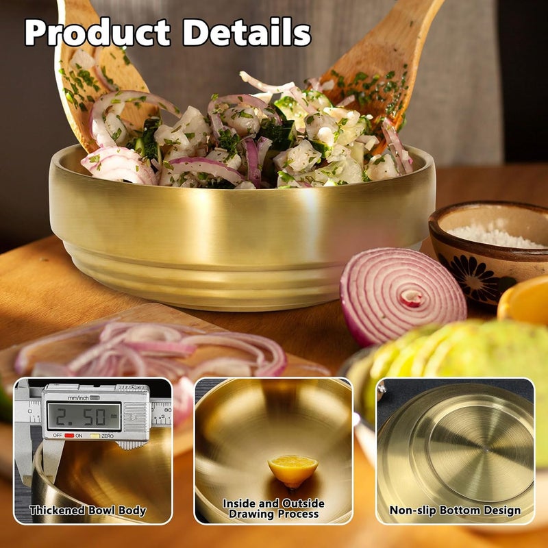 Roucerlin 9 Gold 304 Stainless Steel Soup Bowl 43oz Deep Mixing Bowl Double Walled Salad Container Durable Ramen Rice Noddle Insulated Sashimi Dish Serving for Home Restaurant Buffet BBQ - Image 3