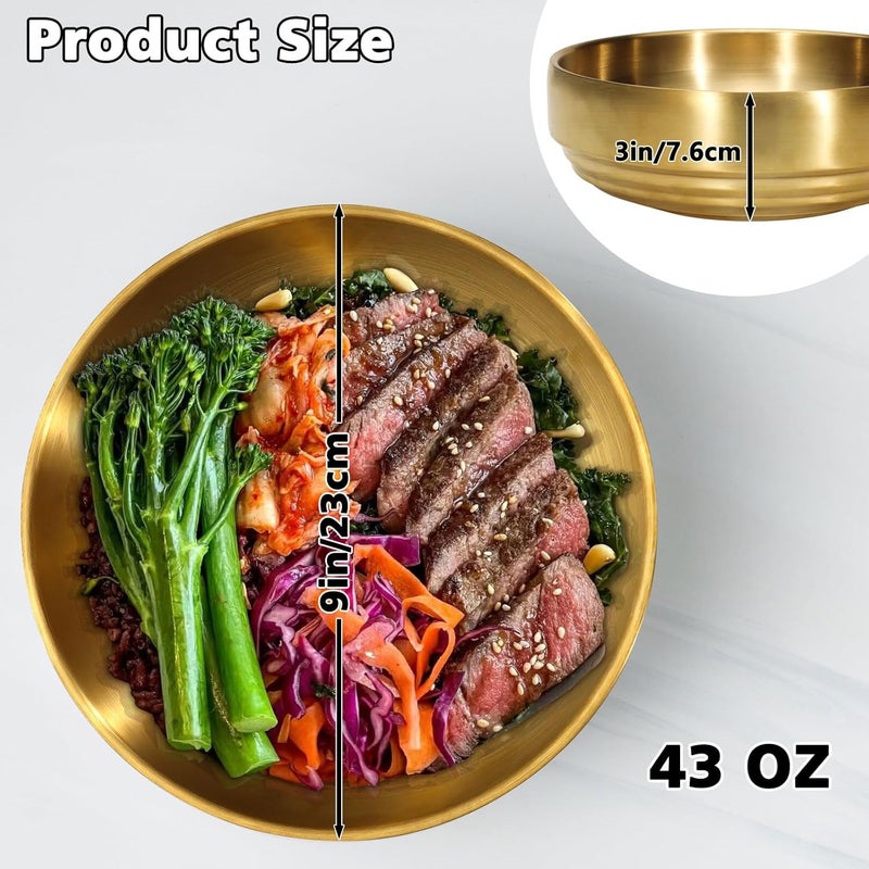 Roucerlin 9 Gold 304 Stainless Steel Soup Bowl 43oz Deep Mixing Bowl Double Walled Salad Container Durable Ramen Rice Noddle Insulated Sashimi Dish Serving for Home Restaurant Buffet BBQ - Image 2