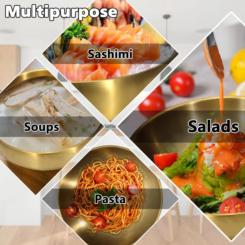 Roucerlin 9 Gold 304 Stainless Steel Soup Bowl 43oz Deep Mixing Bowl Double Walled Salad Container Durable Ramen Rice Noddle Insulated Sashimi Dish Serving for Home Restaurant Buffet BBQ - Image 4