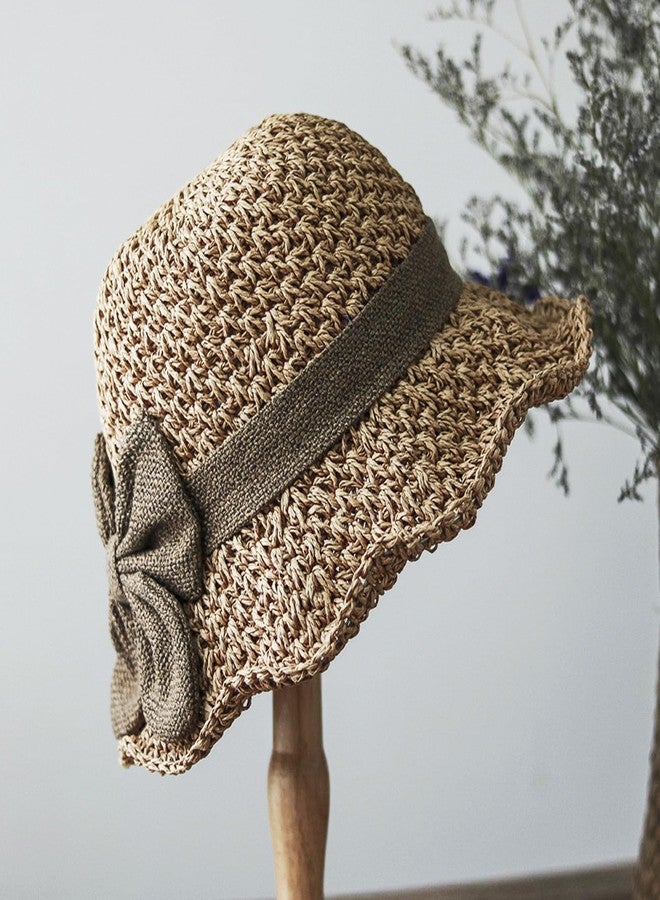 Clobeau Women Girls Wide Brim Floppy Straw Hats Beach Sun Hat Summer Cap with Bowknot UV Hat Sunhats Cloche Hat Strap Adjustable Khaki - Image 2