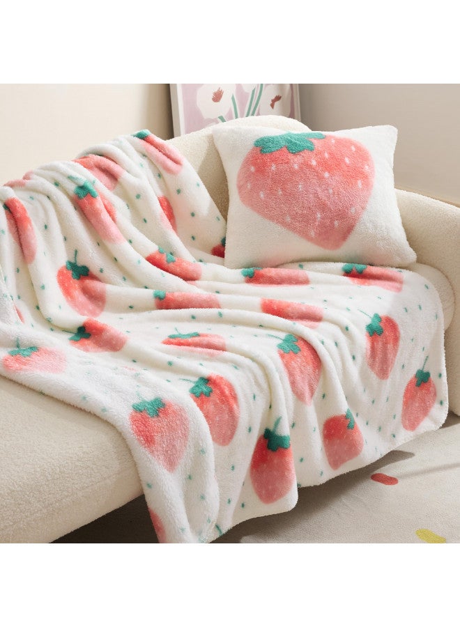 Bedsure Bedsure Strawberry Throw Blanket with a Pillow Cover - Aesthetic White Cute Fleece Blanket for Girls Boys Teens Kids as a Gift, Soft Cozy Fruit Pattern Pink Blankets for Couch Sofa Bed Camping  - Image 1