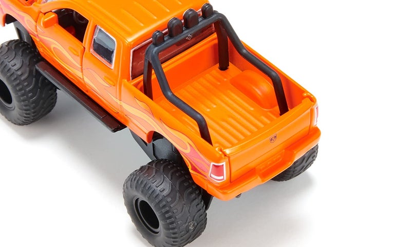 Siku 2358, Toy Dodge RAM 1500 with Balloon Tyres, 1:50, Metal/Plastic, Black/Orange, Interchangeable Wheels, Openable Door, Bonnet and Tailgate - Image 3