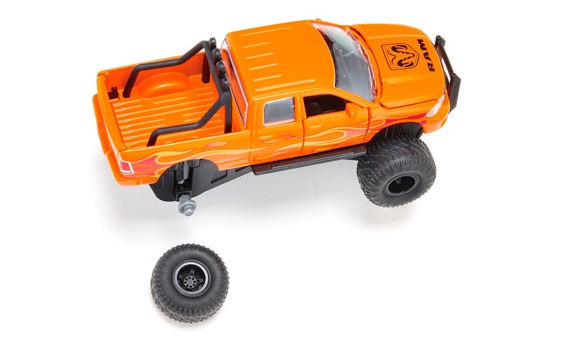 Siku 2358, Toy Dodge RAM 1500 with Balloon Tyres, 1:50, Metal/Plastic, Black/Orange, Interchangeable Wheels, Openable Door, Bonnet and Tailgate - Image 5