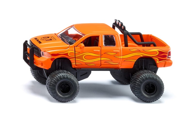 Siku 2358, Toy Dodge RAM 1500 with Balloon Tyres, 1:50, Metal/Plastic, Black/Orange, Interchangeable Wheels, Openable Door, Bonnet and Tailgate - Image 1