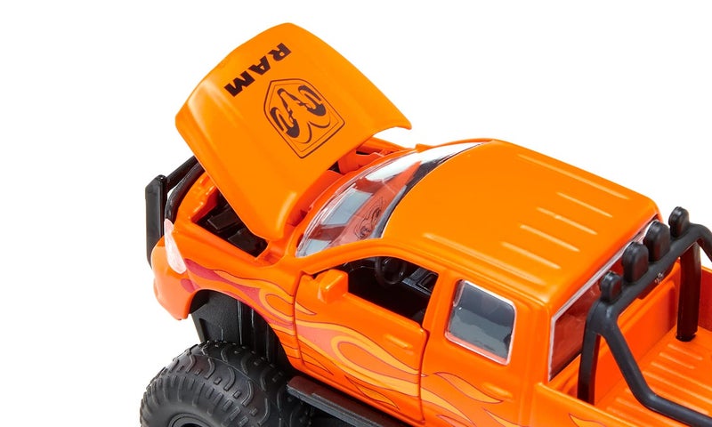 Siku 2358, Toy Dodge RAM 1500 with Balloon Tyres, 1:50, Metal/Plastic, Black/Orange, Interchangeable Wheels, Openable Door, Bonnet and Tailgate - Image 4