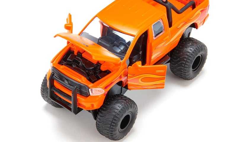 Siku 2358, Toy Dodge RAM 1500 with Balloon Tyres, 1:50, Metal/Plastic, Black/Orange, Interchangeable Wheels, Openable Door, Bonnet and Tailgate - Image 2