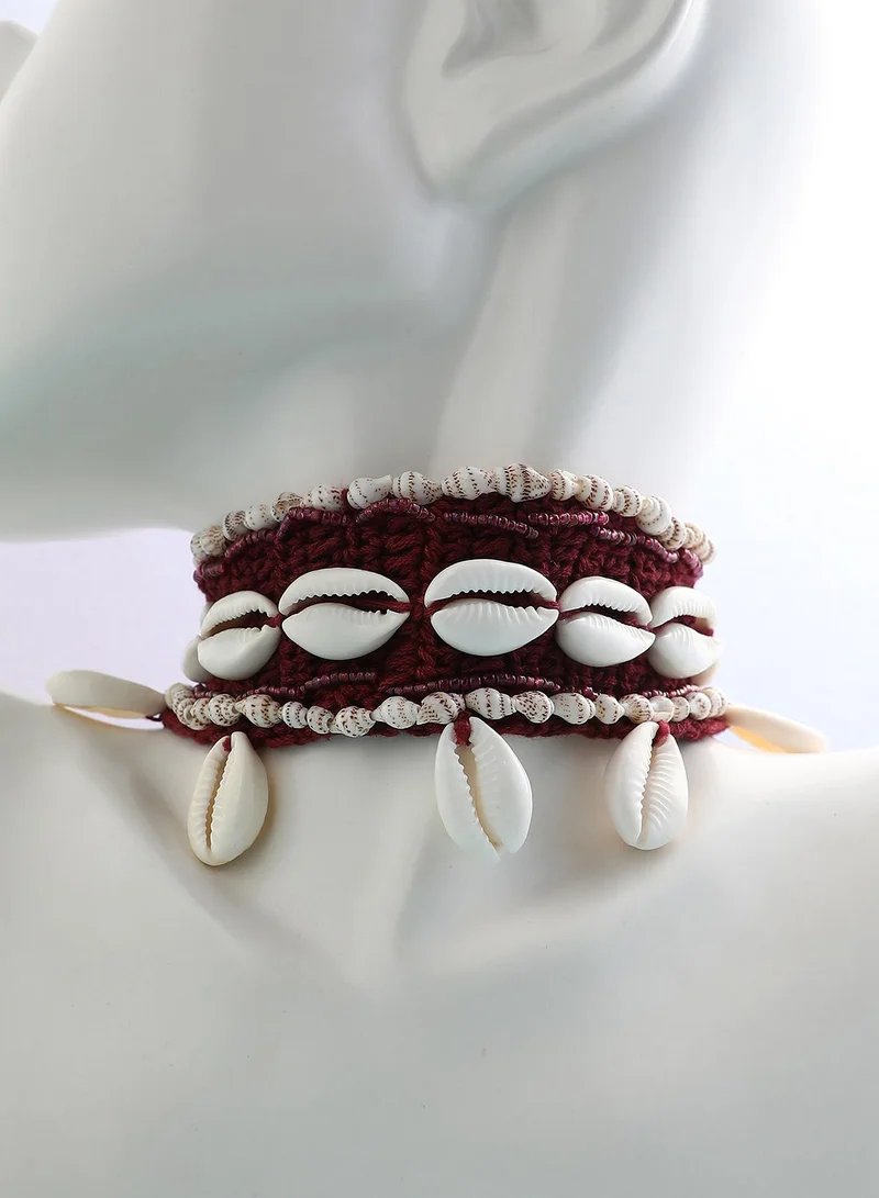 SOHI SOHI Women's The Statement Shell Choker Necklace For Evening Wear | Crimson Red & Chalk Whhite Colour | Polyester Material | Lobster Clasp Closure | Artificial Shell Necklace | Choker Necklace For Women & Girls