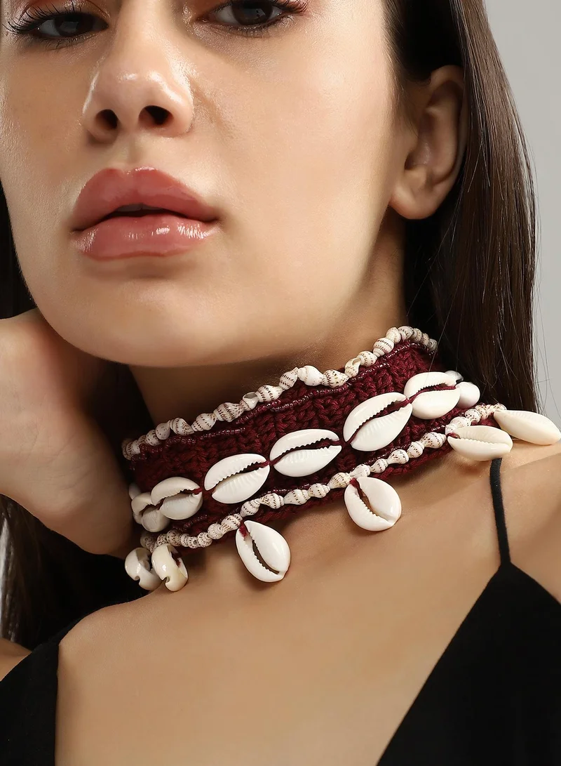 SOHI SOHI Women's The Statement Shell Choker Necklace For Evening Wear | Crimson Red & Chalk Whhite Colour | Polyester Material | Lobster Clasp Closure | Artificial Shell Necklace | Choker Necklace For Women & Girls